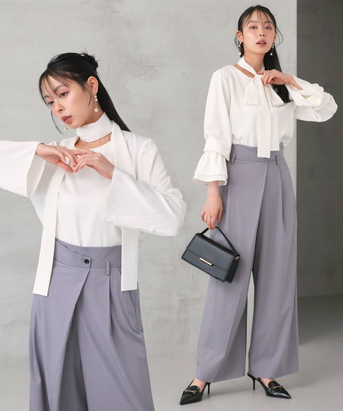 RUIRUE BOUTIQUE(ルイルエブティック)の「マルチway 洗える ストレッチ | 着せ替え ドレープ Tee ブラウス | レディース ボウタイブラウス 体型カバー 長袖 オフィスカジュアル きれいめ トップス シャツ(シャツ/ブラウス・レディース・ピンク/オフホワイト/イエロー/ブラック/ブルーグレー/ピンクベージュ・L/M)」の2枚目の写真