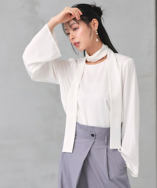 RUIRUE BOUTIQUE(ルイルエブティック)の「マルチway 洗える ストレッチ | 着せ替え ドレープ Tee ブラウス | レディース ボウタイブラウス 体型カバー 長袖 オフィスカジュアル きれいめ トップス シャツ(シャツ/ブラウス・レディース・ピンク/オフホワイト/イエロー/ブラック/ブルーグレー/ピンクベージュ・L/M)」の7枚目の写真