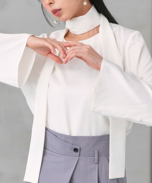 RUIRUE BOUTIQUE(ルイルエブティック)の「マルチway 洗える ストレッチ | 着せ替え ドレープ Tee ブラウス | レディース ボウタイブラウス 体型カバー 長袖 オフィスカジュアル きれいめ トップス シャツ(シャツ/ブラウス・レディース・ピンク/オフホワイト/イエロー/ブラック/ブルーグレー/ピンクベージュ・L/M)」の9枚目の写真