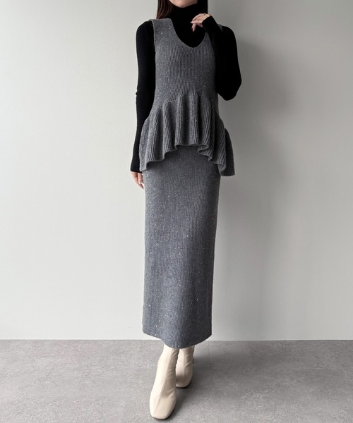 ミピアール（mipiarl）/mipiarl 　バックリボンペプラムニット＋IラインニットスカートSET セール】バックリボンペプラムニット＋IラインニットスカートSET