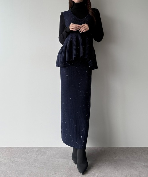 セール】バックリボンペプラムニット＋IラインニットスカートSET