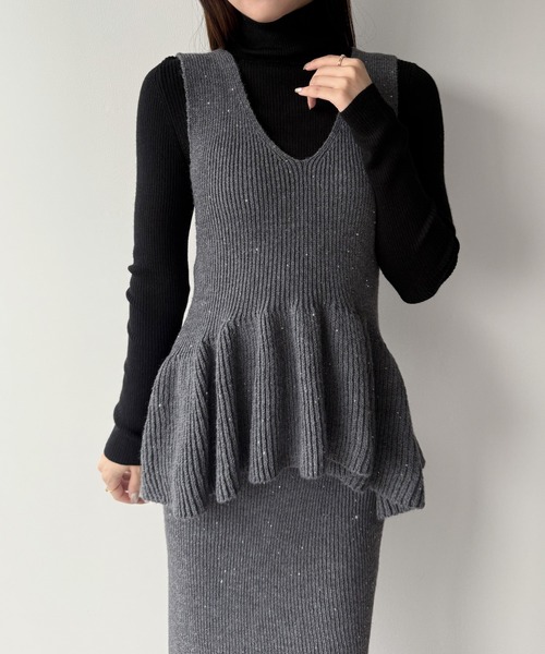 ミピアール（mipiarl）/mipiarl 　バックリボンペプラムニット＋IラインニットスカートSET セール】バックリボンペプラムニット＋IラインニットスカートSET