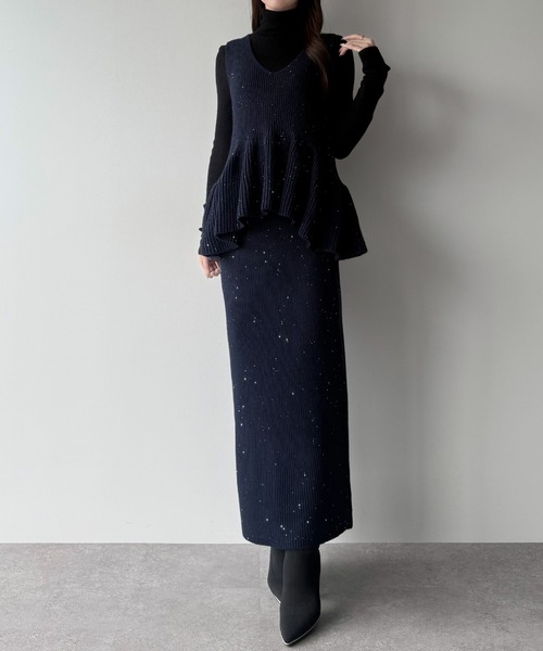 セール】バックリボンペプラムニット＋IラインニットスカートSET