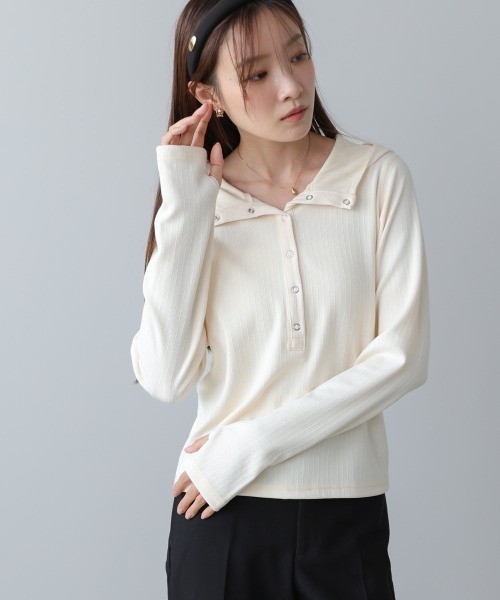 Bab(バブ)の「リブフーディーサムホール付カットトップス(Tシャツ/カットソー・レディース・アイボリー/ブラック/グレー・FREE)」の1枚目の写真