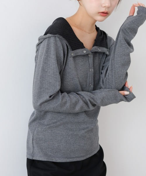 Bab(バブ)の「リブフーディーサムホール付カットトップス(Tシャツ/カットソー・レディース・アイボリー/ブラック/グレー・FREE)」の15枚目の写真