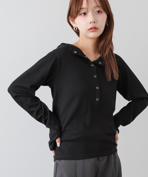 Bab(バブ)の「リブフーディーサムホール付カットトップス(Tシャツ/カットソー・レディース・アイボリー/ブラック/グレー・FREE)」の17枚目の写真
