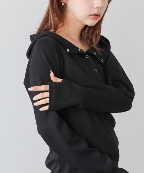 Bab(バブ)の「リブフーディーサムホール付カットトップス(Tシャツ/カットソー・レディース・アイボリー/ブラック/グレー・FREE)」の18枚目の写真