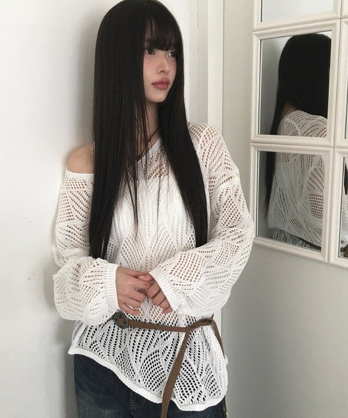 anyonemore（エニワンモア）の「anyonemore(エニワンモア)/（ベルト＋キャミソールセット）ベルト付き メッシュニット パット付きキャミソール セット/Hills Loose fit Hippie Mesh Knitwear Cap sleeveless Set（ニット/セーター・レディース・アイボリー/ブラック/ベージュ・FREE）」の2枚目の写真