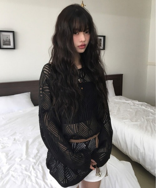 anyonemore（エニワンモア）の「anyonemore(エニワンモア)/（ベルト＋キャミソールセット）ベルト付き メッシュニット パット付きキャミソール セット/Hills Loose fit Hippie Mesh Knitwear Cap sleeveless Set（ニット/セーター・レディース・アイボリー/ブラック/ベージュ・FREE）」の3枚目の写真