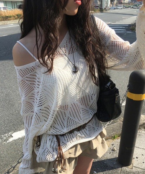 anyonemore（エニワンモア）の「anyonemore(エニワンモア)/（ベルト＋キャミソールセット）ベルト付き メッシュニット パット付きキャミソール セット/Hills Loose fit Hippie Mesh Knitwear Cap sleeveless Set（ニット/セーター・レディース・アイボリー/ブラック/ベージュ・FREE）」の6枚目の写真