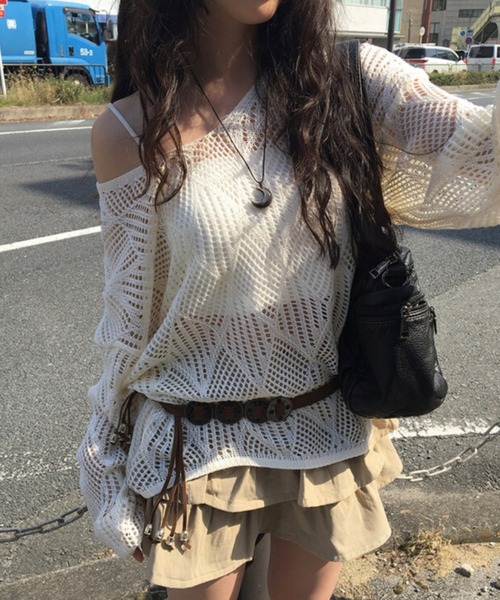 anyonemore（エニワンモア）の「anyonemore(エニワンモア)/（ベルト＋キャミソールセット）ベルト付き メッシュニット パット付きキャミソール セット/Hills Loose fit Hippie Mesh Knitwear Cap sleeveless Set（ニット/セーター・レディース・アイボリー/ブラック/ベージュ・FREE）」の7枚目の写真