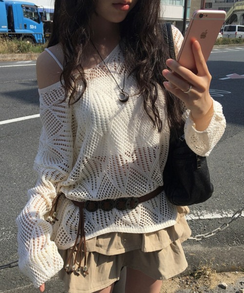 anyonemore（エニワンモア）の「anyonemore(エニワンモア)/（ベルト＋キャミソールセット）ベルト付き メッシュニット パット付きキャミソール セット/Hills Loose fit Hippie Mesh Knitwear Cap sleeveless Set（ニット/セーター・レディース・アイボリー/ブラック/ベージュ・FREE）」の8枚目の写真