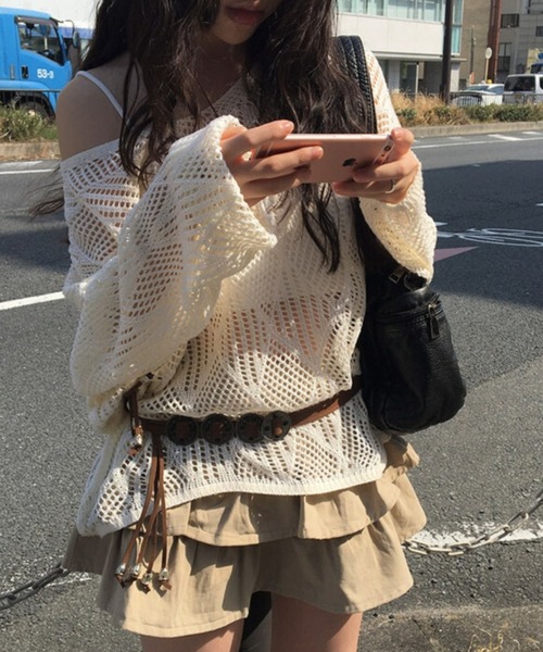 anyonemore（エニワンモア）の「anyonemore(エニワンモア)/（ベルト＋キャミソールセット）ベルト付き メッシュニット パット付きキャミソール セット/Hills Loose fit Hippie Mesh Knitwear Cap sleeveless Set（ニット/セーター・レディース・アイボリー/ブラック/ベージュ・FREE）」の9枚目の写真