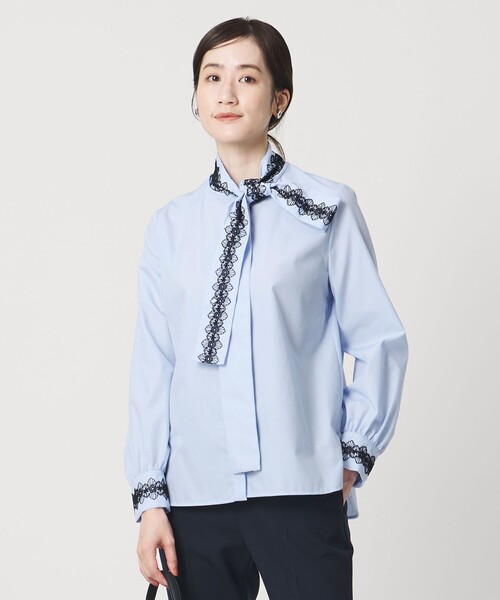 セール】レース コンビ ボウタイ リボン ブラウス ‐ウォッシャブル