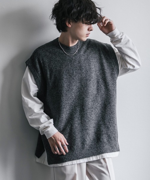 Rocky Monroe（ロッキーモンロー）の「オーバーサイズ ウール混メランジクルーネックニットベスト（ベスト・メンズ・ブラック/ブラウン/チャコール・L/XL/M）」の3枚目の写真