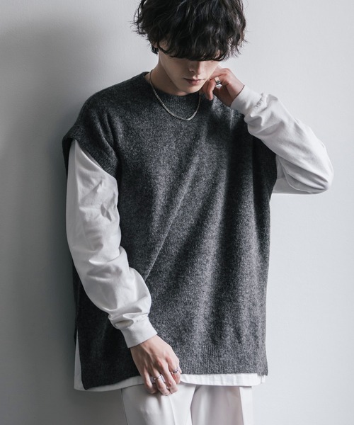 Rocky Monroe（ロッキーモンロー）の「オーバーサイズ ウール混メランジクルーネックニットベスト（ベスト・メンズ・ブラック/ブラウン/チャコール・L/XL/M）」の9枚目の写真