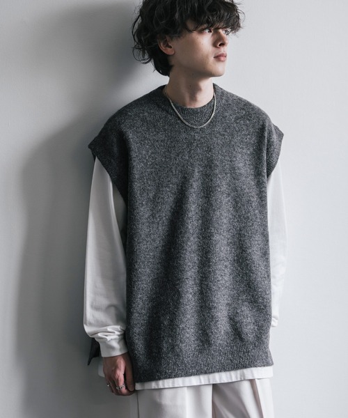 Rocky Monroe（ロッキーモンロー）の「オーバーサイズ ウール混メランジクルーネックニットベスト（ベスト・メンズ・ブラック/ブラウン/チャコール・L/XL/M）」の10枚目の写真