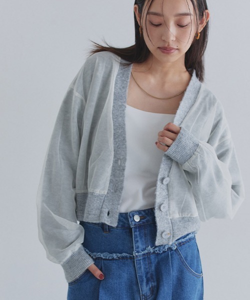 ECLAM(クラム)の「チュールレイヤードニットカーディガン(カーディガン/ボレロ・レディース・ブラック×グレー/グレー系その他/アイボリー・M)」の1枚目の写真