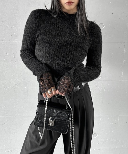 LVEU.】レースレイヤードハイネックシャギートップス / トップス