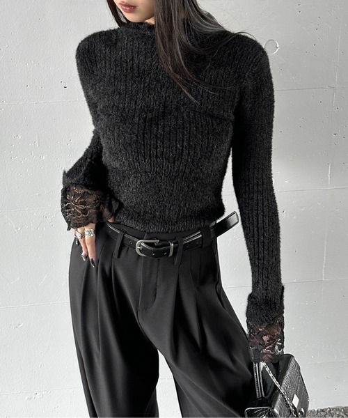 LVEU.】レースレイヤードハイネックシャギートップス / トップス