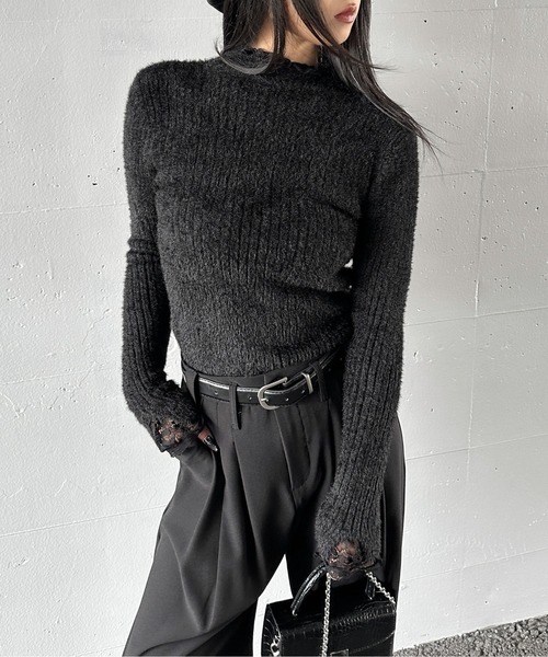 LVEU.】レースレイヤードハイネックシャギートップス / トップス