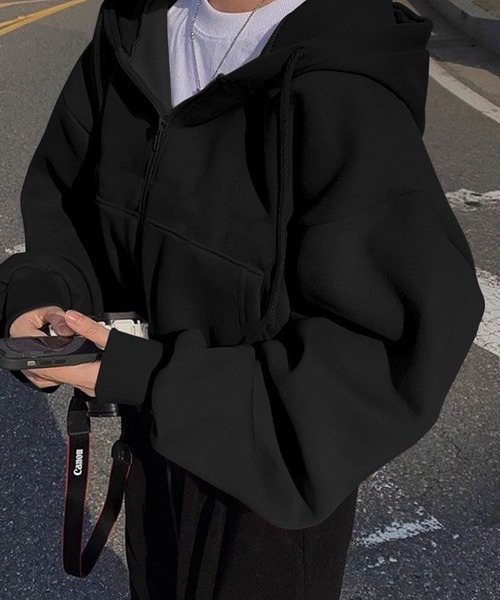 VIBGYOR(ヴィブジョー)の「ショート丈 ジップアップパーカー /韓国 Y2K オーバーサイズ 秋冬(CZ)(パーカー・レディース・ブラック/チャコールグレー/ブルー/ネイビー/オートミール/ライトグレー/ホワイト・FREE)」の3枚目の写真