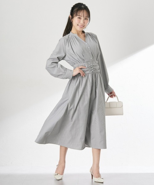 Nissen glamor（ニッセングラマー）の「【大きい胸専用】Vネックウエストシャーリング長袖ワンピース（ポケット付）（ストライプ・無地）（ワンピース・レディース・ブルー系/ボルドー/ブラック系・L/M/LL）」の2枚目の写真