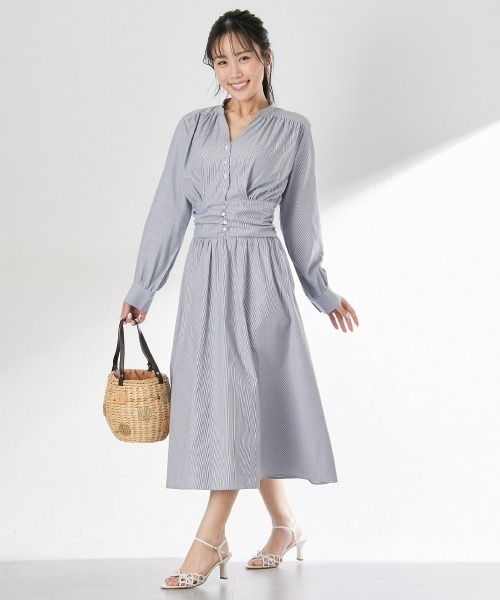 Nissen glamor（ニッセングラマー）の「【大きい胸専用】Vネックウエストシャーリング長袖ワンピース（ポケット付）（ストライプ・無地）（ワンピース・レディース・ブルー系/ボルドー/ブラック系・L/M/LL）」の3枚目の写真