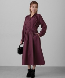 Nissen glamor | 【大きい胸専用】Vネックウエストシャーリング長袖ワンピース(ポケット付)(ストライプ・無地)(ワンピース)