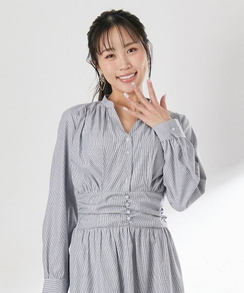 Nissen glamor（ニッセングラマー）の「【大きい胸専用】Vネックウエストシャーリング長袖ワンピース（ポケット付）（ストライプ・無地）（ワンピース・レディース・ブルー系/ボルドー/ブラック系・L/M/LL）」の21枚目の写真