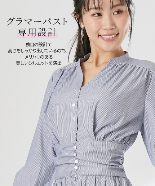 Nissen glamor（ニッセングラマー）の「【大きい胸専用】Vネックウエストシャーリング長袖ワンピース（ポケット付）（ストライプ・無地）（ワンピース・レディース・ブルー系/ボルドー/ブラック系・L/M/LL）」の9枚目の写真