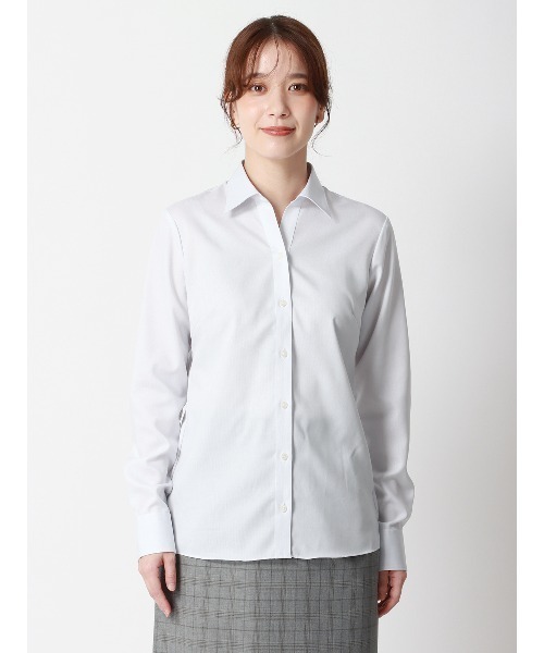 SUIT SQUARE（スーツスクエア）の「スキッパーカラーシャツ 長袖 NON IRONMAX ストレッチ ピンストライプ Blouse（シャツ/ブラウス・レディース・グレー・42(13号)/40(11号)/38(9号)/36(7号)）」の4枚目の写真