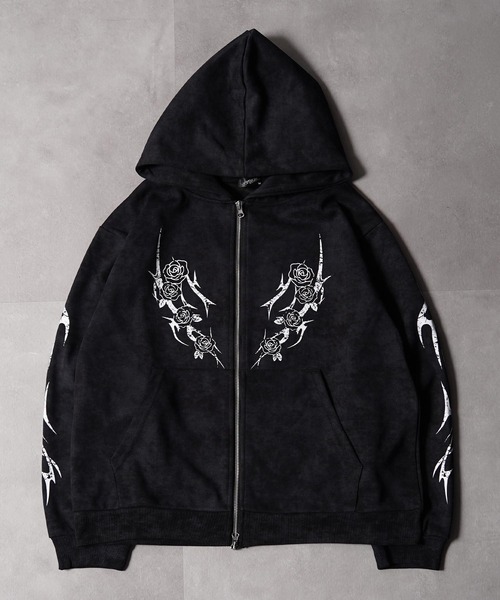 1111clothing(ワンフォークロージング)の「トライバル×薔薇 Wジップパーカー / Tribal × Rose Double-Zip Hoodie(パーカー・メンズ・ブラウン/ブラック/ワイン・L/M)」の5枚目の写真