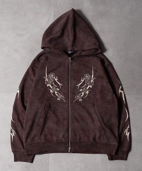 1111clothing(ワンフォークロージング)の「トライバル×薔薇 Wジップパーカー / Tribal × Rose Double-Zip Hoodie(パーカー・メンズ・ブラウン/ブラック/ワイン・L/M)」の8枚目の写真