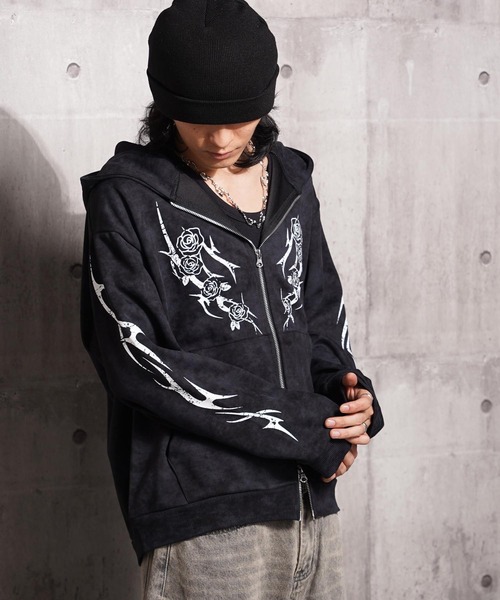 1111clothing(ワンフォークロージング)の「トライバル×薔薇 Wジップパーカー / Tribal × Rose Double-Zip Hoodie(パーカー・メンズ・ブラウン/ブラック/ワイン・L/M)」の14枚目の写真