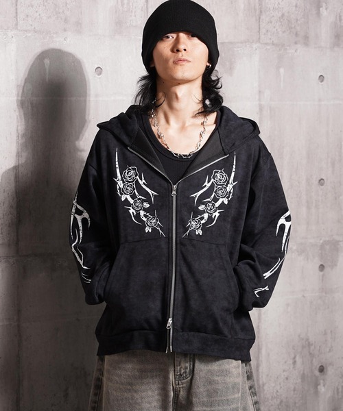 1111clothing(ワンフォークロージング)の「トライバル×薔薇 Wジップパーカー / Tribal × Rose Double-Zip Hoodie(パーカー・メンズ・ブラウン/ブラック/ワイン・L/M)」の13枚目の写真
