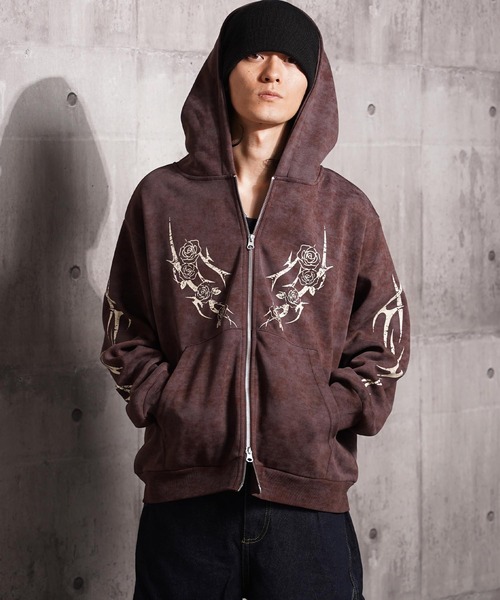1111clothing(ワンフォークロージング)の「トライバル×薔薇 Wジップパーカー / Tribal × Rose Double-Zip Hoodie(パーカー・メンズ・ブラウン/ブラック/ワイン・L/M)」の17枚目の写真