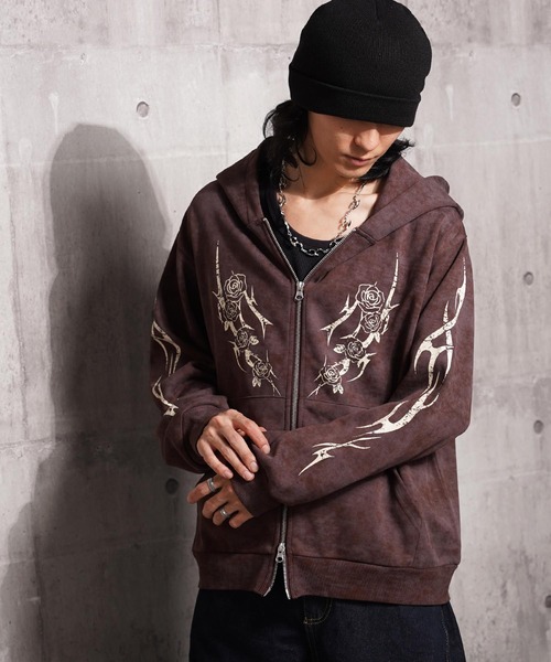 1111clothing(ワンフォークロージング)の「トライバル×薔薇 Wジップパーカー / Tribal × Rose Double-Zip Hoodie(パーカー・メンズ・ブラウン/ブラック/ワイン・L/M)」の19枚目の写真