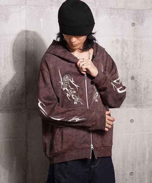 1111clothing(ワンフォークロージング)の「トライバル×薔薇 Wジップパーカー / Tribal × Rose Double-Zip Hoodie(パーカー・メンズ・ブラウン/ブラック/ワイン・L/M)」の18枚目の写真