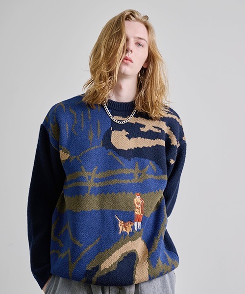 ヴィンテージ ネイビー ブルー 総柄 レトロ デザイン ニット セーター Revo. ヴィンテージライク ジャガード ルーズニット プルオーバー