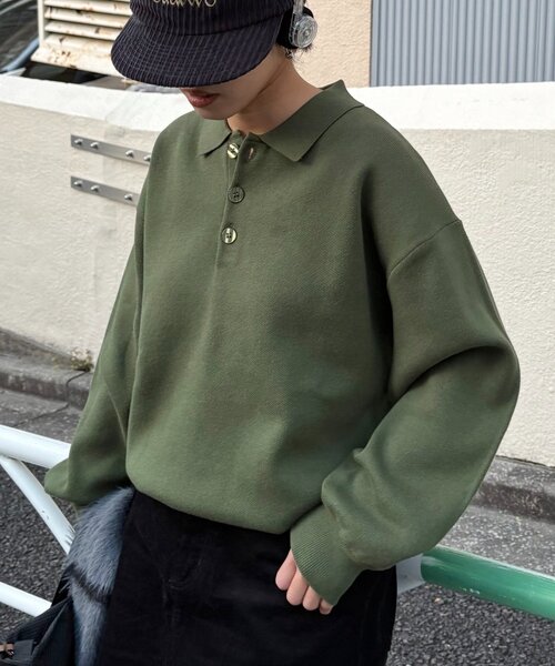 CIAOPANIC TYPY(チャオパニックティピー)の「裾リブ配色ニットポロ(ニット/セーター・レディース・グリーン/グレー/ブラウン・MEDIUM/LARGE)」の3枚目の写真