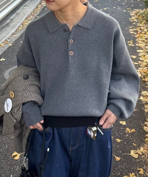 CIAOPANIC TYPY(チャオパニックティピー)の「裾リブ配色ニットポロ(ニット/セーター・レディース・グリーン/グレー/ブラウン・MEDIUM/LARGE)」の13枚目の写真