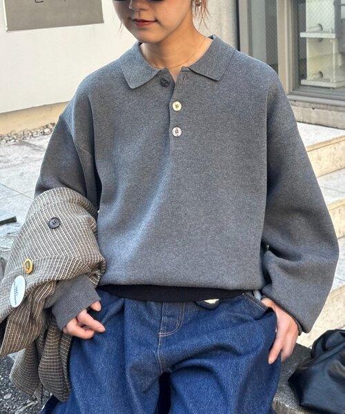 CIAOPANIC TYPY(チャオパニックティピー)の「裾リブ配色ニットポロ(ニット/セーター・レディース・グリーン/グレー/ブラウン・MEDIUM/LARGE)」の14枚目の写真