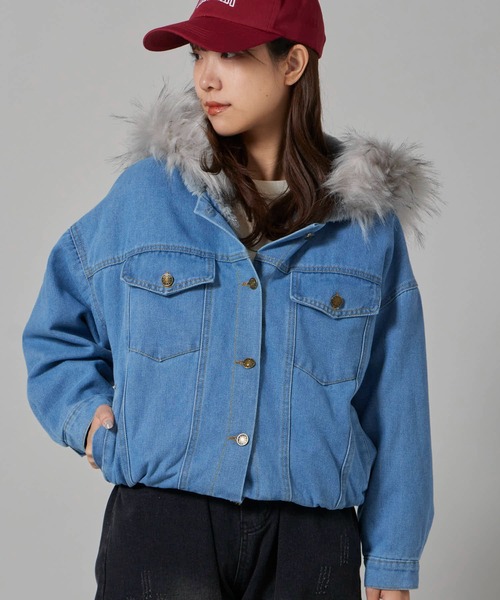 セール】Faux Fur Hooded Denim Jacket / フード付き フェイクファー