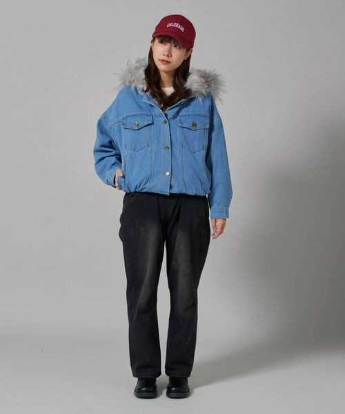 セール】Faux Fur Hooded Denim Jacket / フード付き フェイクファー