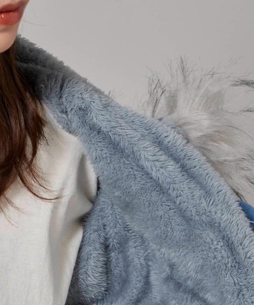 セール】Faux Fur Hooded Denim Jacket / フード付き フェイクファー