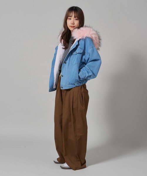 セール】Faux Fur Hooded Denim Jacket / フード付き フェイクファー