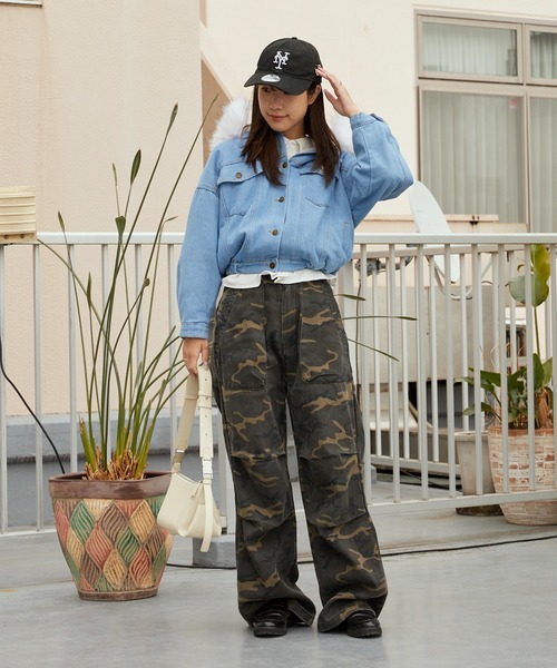 セール】Faux Fur Hooded Denim Jacket / フード付き フェイクファー