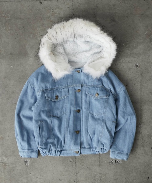 セール】Faux Fur Hooded Denim Jacket / フード付き フェイクファー