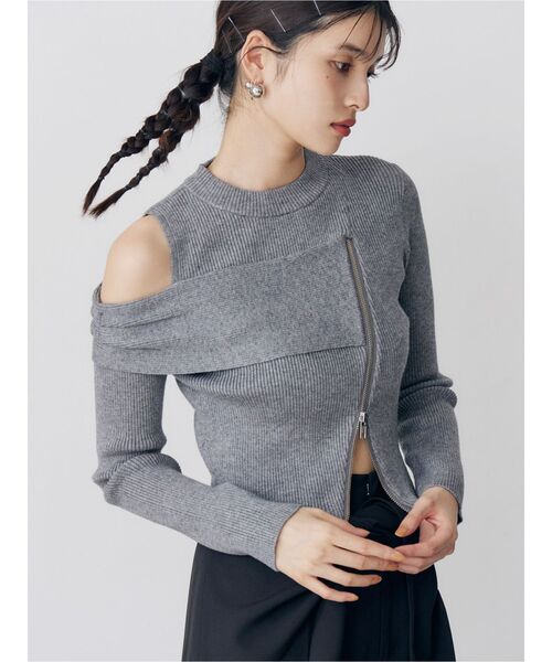 MURUA(ムルーア)の「ワンショルダーZIPニット(ニット/セーター・レディース・グレー/ミント/ブラック/アイボリー・FREE)」の3枚目の写真